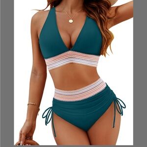 Teal and Pink Striped Bikini Set
